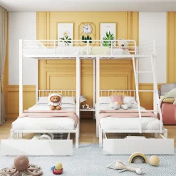 ProximaX Lit superposé triple, cadre de lit métallique, 140x200cm et 2 lit 90x200cm, avec échelle et 2 tiroirs, sommier inclus, blanc New