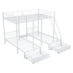 ProximaX Lit superposé triple, cadre de lit métallique, 140x200cm et 2 lit 90x200cm, avec échelle et 2 tiroirs, sommier inclus, blanc New