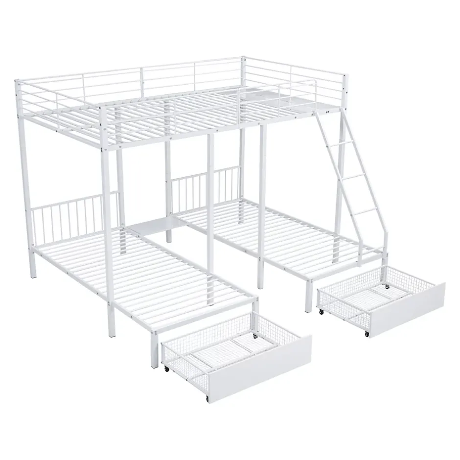 ProximaX Lit superposé triple, cadre de lit métallique, 140x200cm et 2 lit 90x200cm, avec échelle et 2 tiroirs, sommier inclus, blanc New