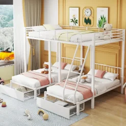 ProximaX Lit superposé triple, cadre de lit métallique, 140x200cm et 2 lit 90x200cm, avec échelle et 2 tiroirs, sommier inclus, blanc New