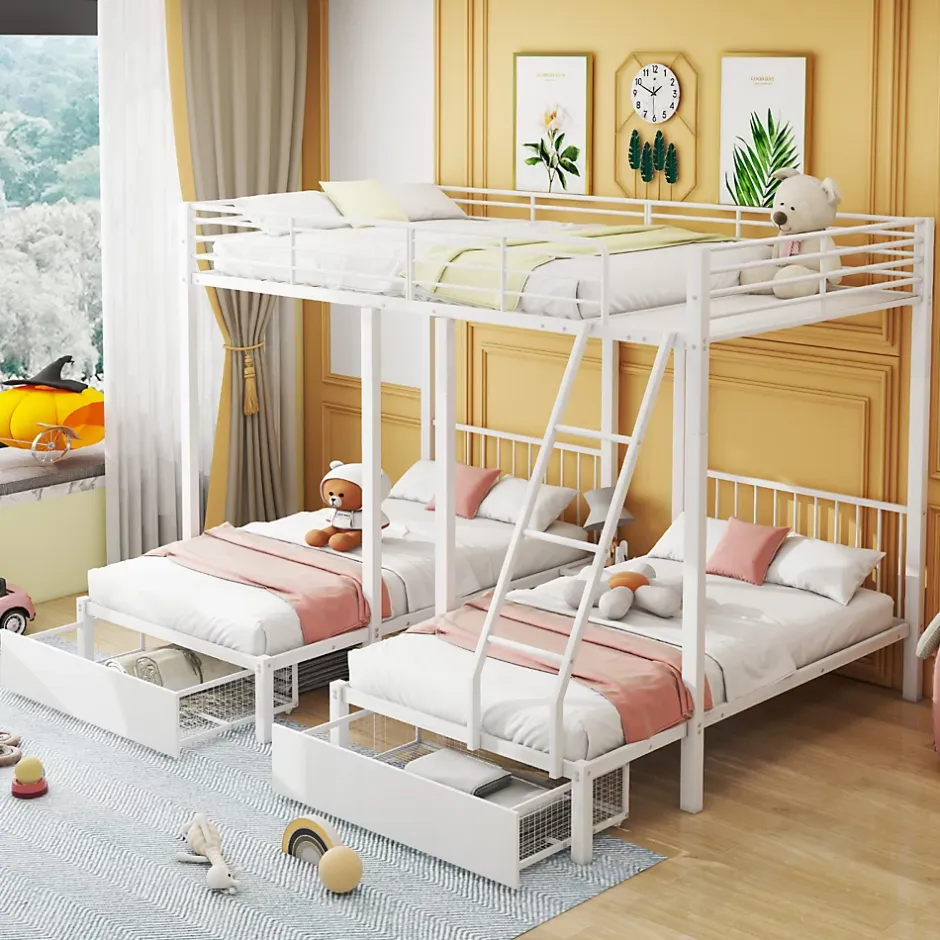 ProximaX Lit superposé triple, cadre de lit métallique, 140x200cm et 2 lit 90x200cm, avec échelle et 2 tiroirs, sommier inclus, blanc New