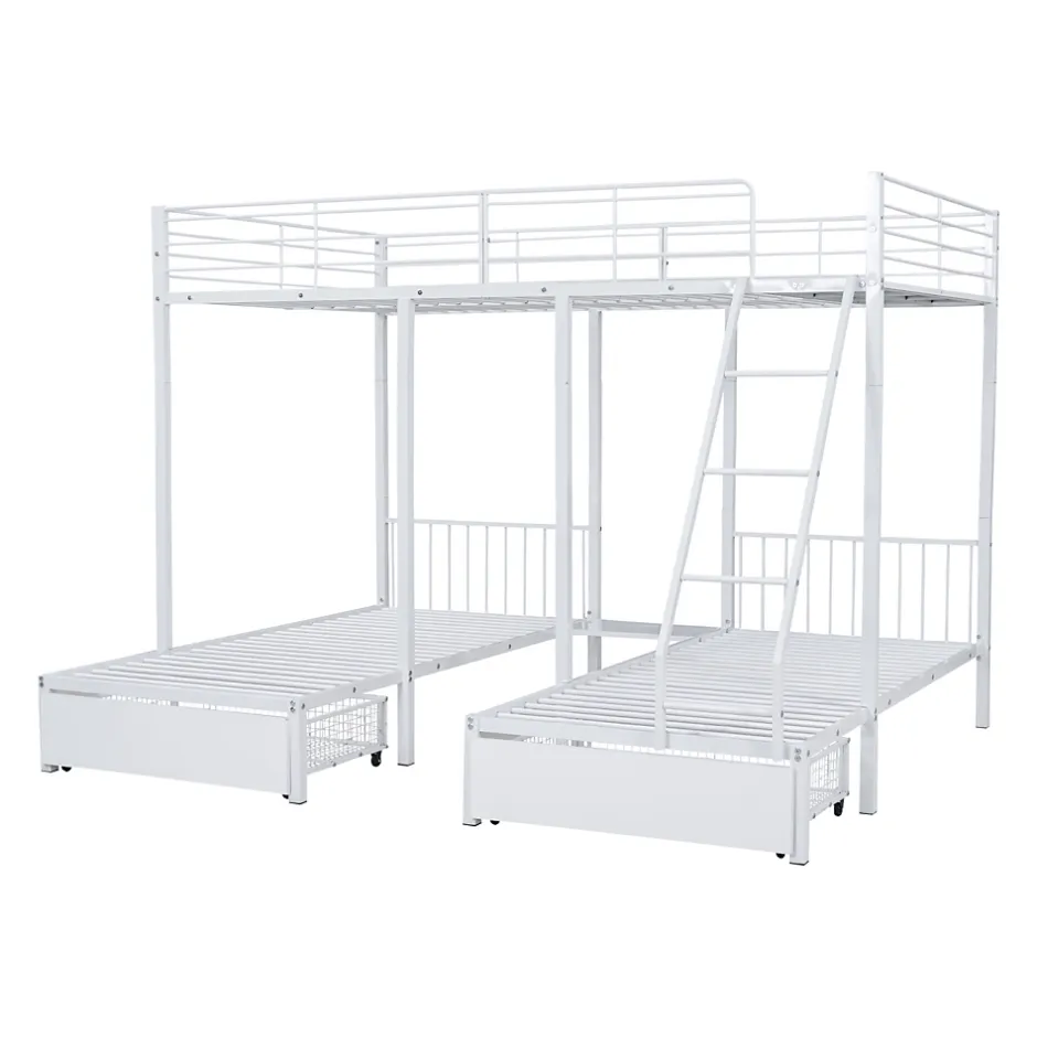 ProximaX Lit superposé triple, cadre de lit métallique, 140x200cm et 2 lit 90x200cm, avec échelle et 2 tiroirs, sommier inclus, blanc New