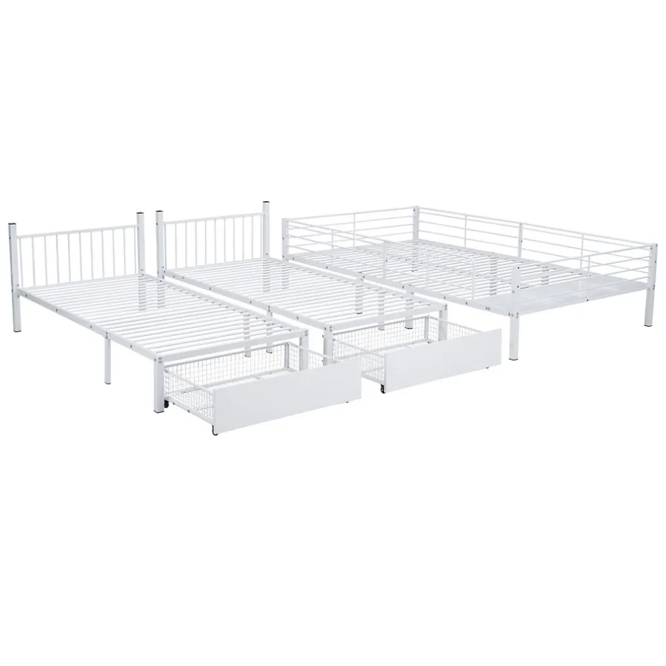ProximaX Lit superposé triple, cadre de lit métallique, 140x200cm et 2 lit 90x200cm, avec échelle et 2 tiroirs, sommier inclus, blanc New