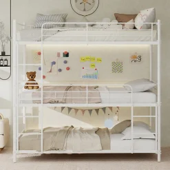 Enfant Okwish Lit Superposé Triple 90x190 cm - avec Échelle Intégrée et Garde-Corps, Structure en Métal, pour Enfant Ado, sans Matelas, Blanc