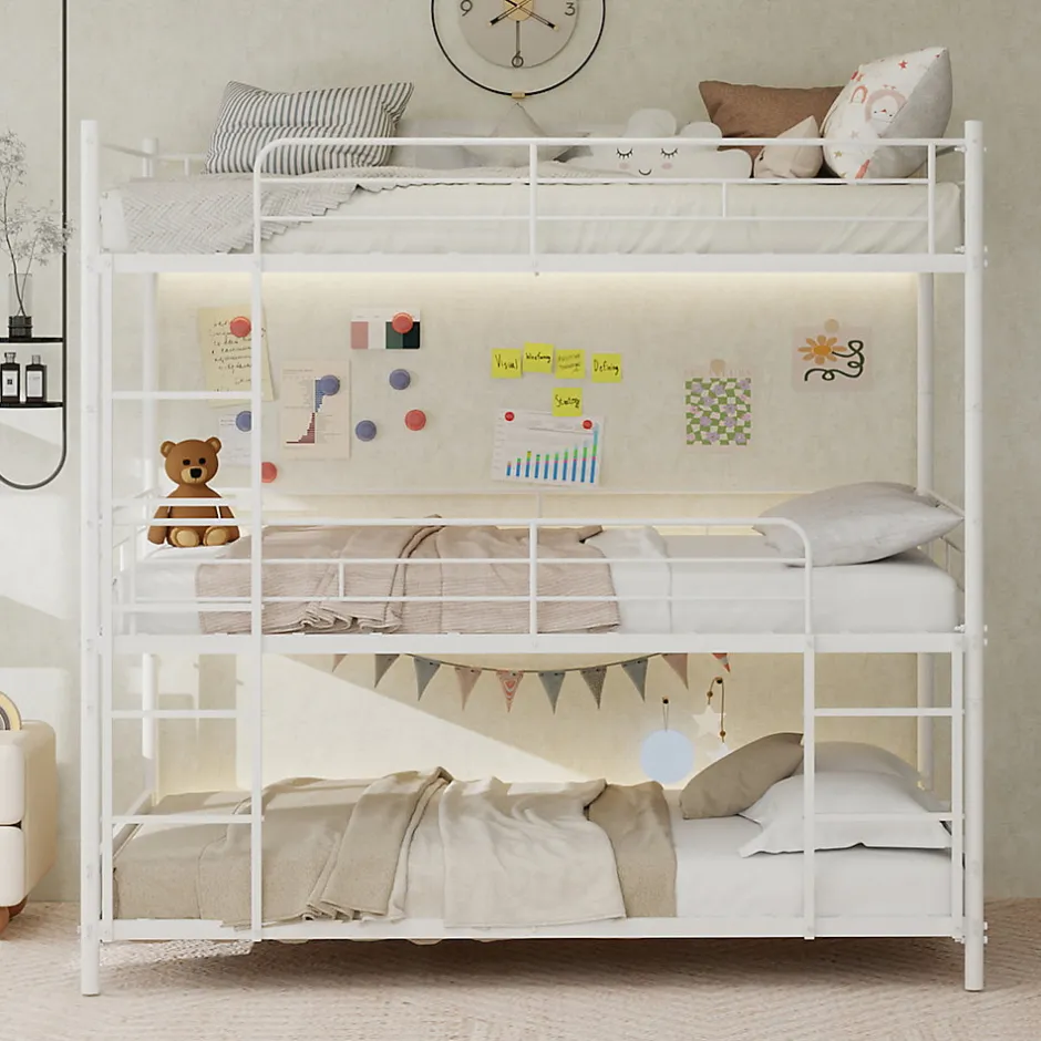 Enfant Okwish Lit Superposé Triple 90x190 cm - avec Échelle Intégrée et Garde-Corps, Structure en Métal, pour Enfant Ado, sans Matelas, Blanc
