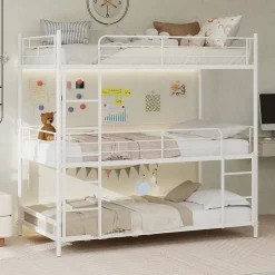 Enfant Okwish Lit Superposé Triple 90x190 cm - avec Échelle Intégrée et Garde-Corps, Structure en Métal, pour Enfant Ado, sans Matelas, Blanc