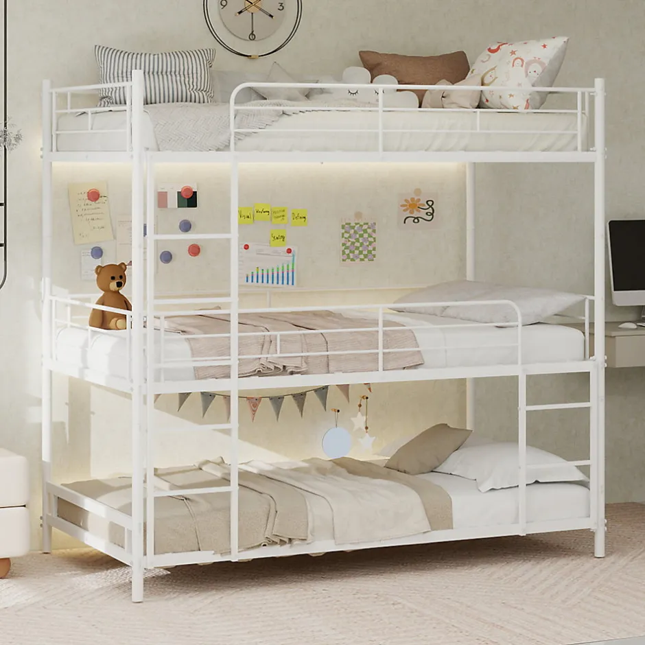 Enfant Okwish Lit Superposé Triple 90x190 cm - avec Échelle Intégrée et Garde-Corps, Structure en Métal, pour Enfant Ado, sans Matelas, Blanc
