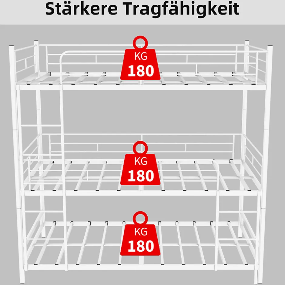 Enfant Okwish Lit Superposé Triple 90x190 cm - avec Échelle Intégrée et Garde-Corps, Structure en Métal, pour Enfant Ado, sans Matelas, Blanc