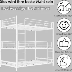 Enfant Okwish Lit Superposé Triple 90x190 cm - avec Échelle Intégrée et Garde-Corps, Structure en Métal, pour Enfant Ado, sans Matelas, Blanc