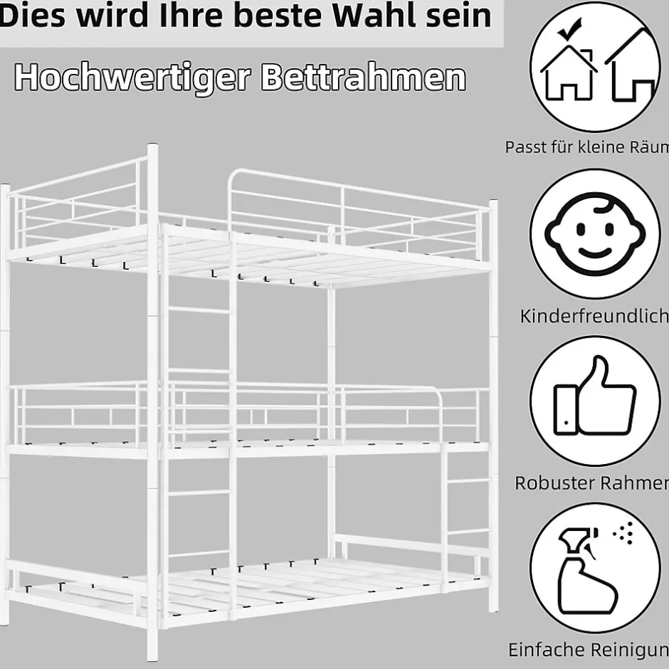 Enfant Okwish Lit Superposé Triple 90x190 cm - avec Échelle Intégrée et Garde-Corps, Structure en Métal, pour Enfant Ado, sans Matelas, Blanc