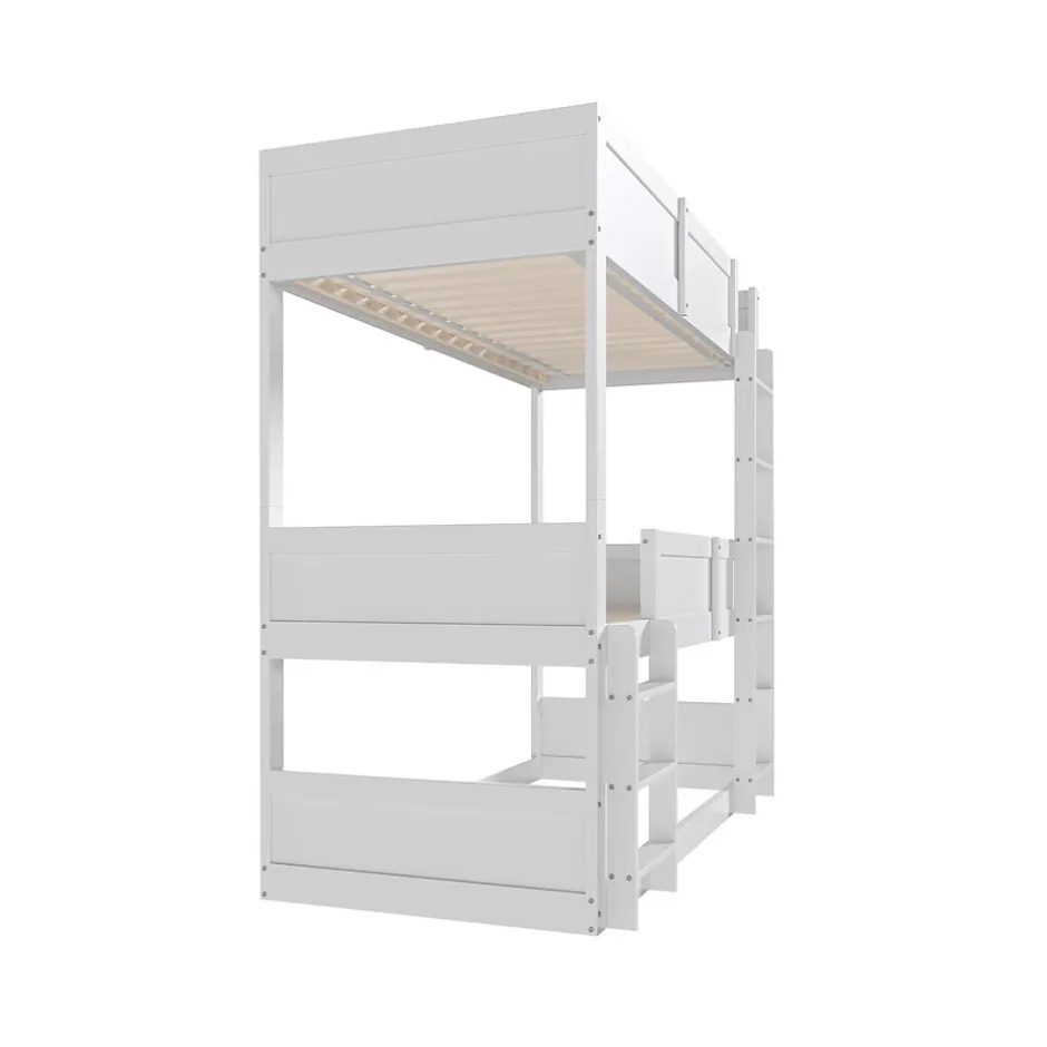 Enfant Okwish Lit superposé triple 90x200 cm avec rail haut - Transformable en 3 lits simples - Bois - Sans matelas - Blanc