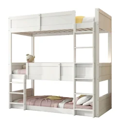Enfant Okwish Lit superposé triple 90x200 cm avec rail haut - Transformable en 3 lits simples - Bois - Sans matelas - Blanc