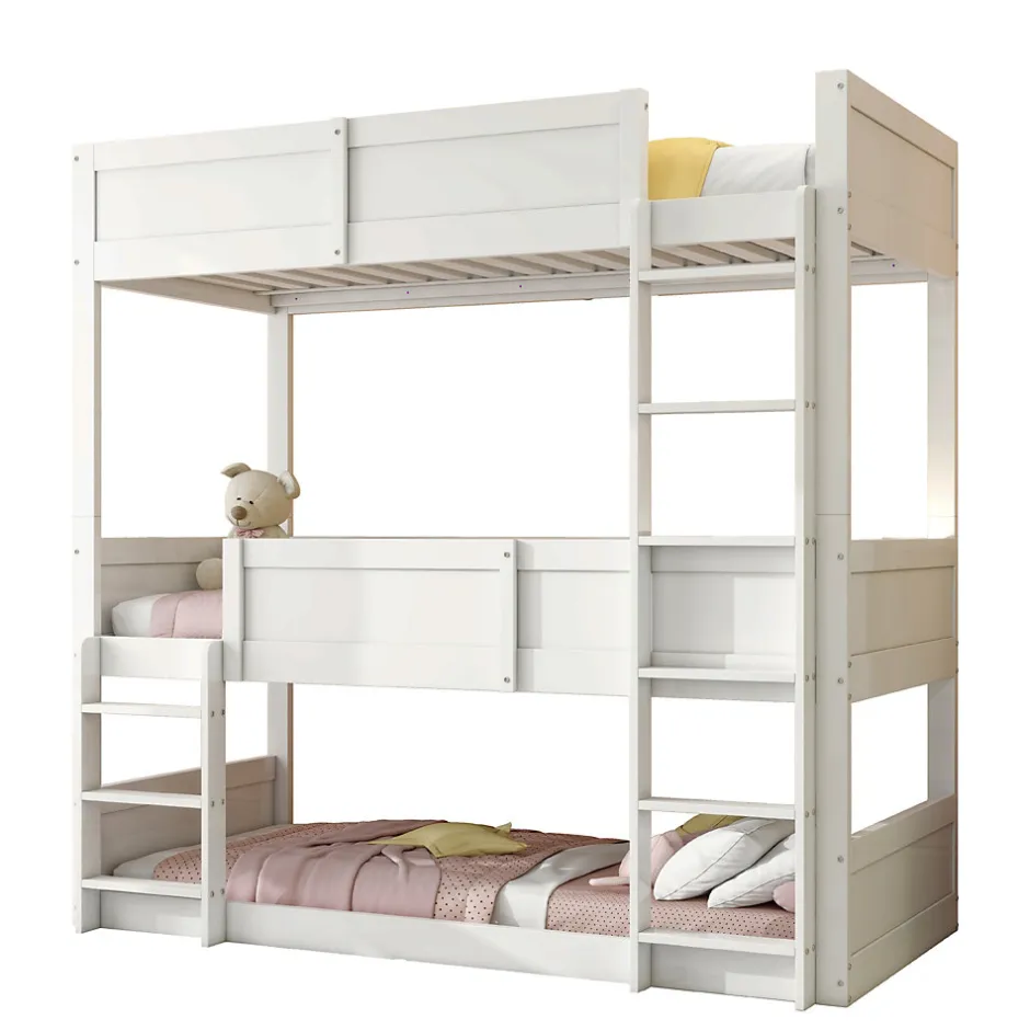 Enfant Okwish Lit superposé triple 90x200 cm avec rail haut - Transformable en 3 lits simples - Bois - Sans matelas - Blanc