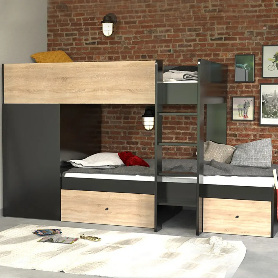 Weber Industries Lit superposé TWIN 90x190 avec armoire et tiroirs + 2 sommiers / Décor Chêne Blanchi et Noir Discount