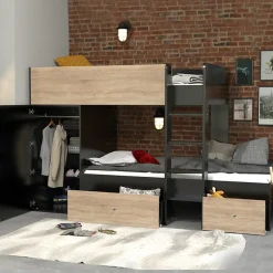 Weber Industries Lit superposé TWIN 90x190 avec armoire et tiroirs + 2 sommiers / Décor Chêne Blanchi et Noir Discount