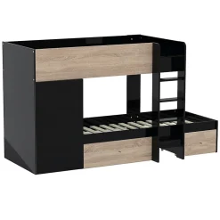 Weber Industries Lit superposé TWIN 90x190 avec armoire et tiroirs + 2 sommiers / Décor Chêne Blanchi et Noir Discount