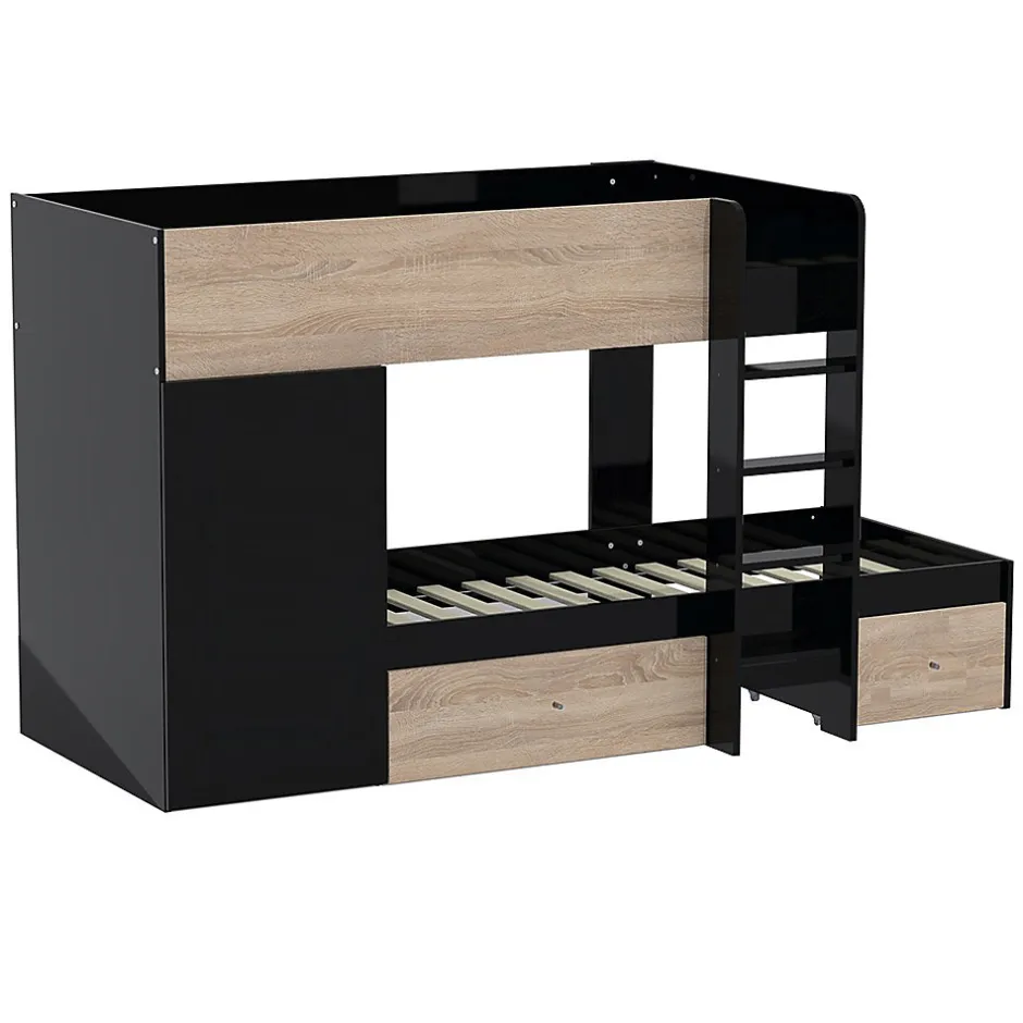Weber Industries Lit superposé TWIN 90x190 avec armoire et tiroirs + 2 sommiers / Décor Chêne Blanchi et Noir Discount
