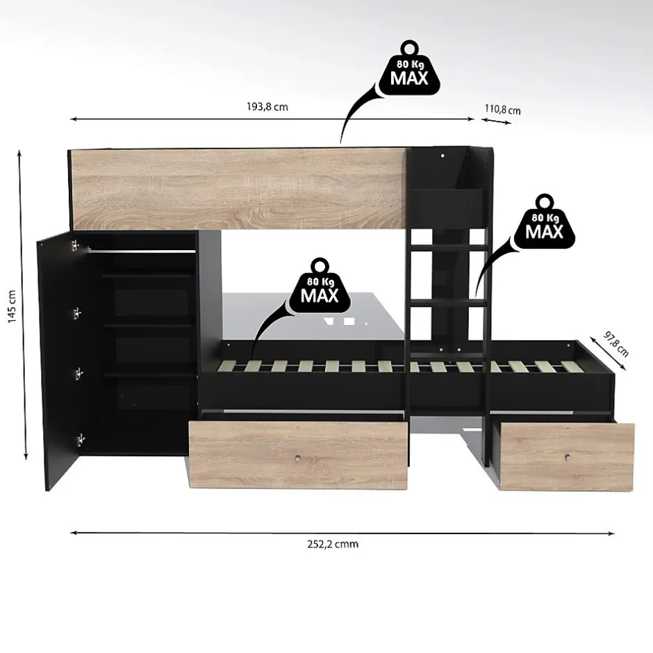 Weber Industries Lit superposé TWIN 90x190 avec armoire et tiroirs + 2 sommiers / Décor Chêne Blanchi et Noir Discount