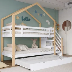 Okwish Lit Superposé 90x200 & 90x190 cm - Lit enfant avec Protection, Lit Cabane avec Échelle, Lit en Bois Naturel et Blanc, Sans Matelas New