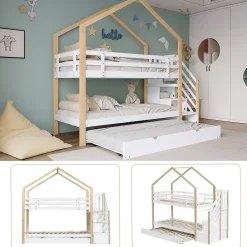Okwish Lit Superposé 90x200 & 90x190 cm - Lit enfant avec Protection, Lit Cabane avec Échelle, Lit en Bois Naturel et Blanc, Sans Matelas New