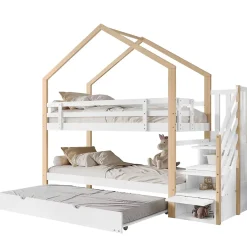 Okwish Lit Superposé 90x200 & 90x190 cm - Lit enfant avec Protection, Lit Cabane avec Échelle, Lit en Bois Naturel et Blanc, Sans Matelas New