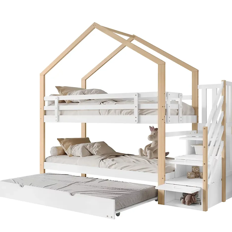 Okwish Lit Superposé 90x200 & 90x190 cm - Lit enfant avec Protection, Lit Cabane avec Échelle, Lit en Bois Naturel et Blanc, Sans Matelas New