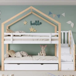Okwish Lit Superposé 90x200 & 90x190 cm - Lit enfant avec Protection, Lit Cabane avec Échelle, Lit en Bois Naturel et Blanc, Sans Matelas New
