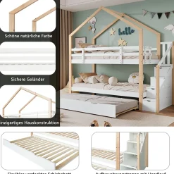 Okwish Lit Superposé 90x200 & 90x190 cm - Lit enfant avec Protection, Lit Cabane avec Échelle, Lit en Bois Naturel et Blanc, Sans Matelas New