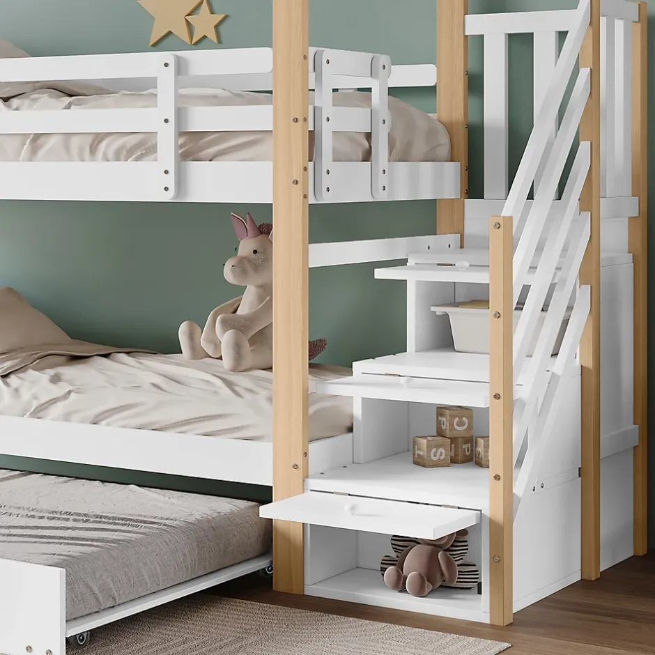 Okwish Lit Superposé 90x200 & 90x190 cm - Lit enfant avec Protection, Lit Cabane avec Échelle, Lit en Bois Naturel et Blanc, Sans Matelas New