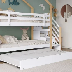 Okwish Lit Superposé 90x200 & 90x190 cm - Lit enfant avec Protection, Lit Cabane avec Échelle, Lit en Bois Naturel et Blanc, Sans Matelas New