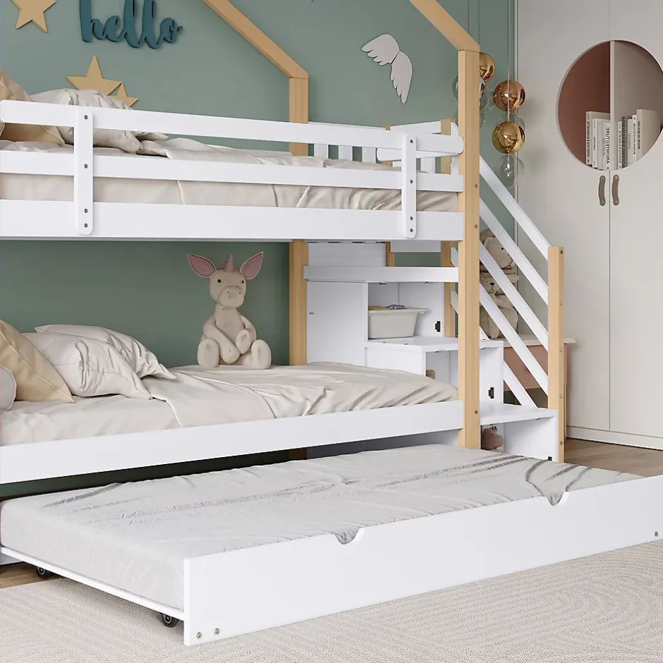 Okwish Lit Superposé 90x200 & 90x190 cm - Lit enfant avec Protection, Lit Cabane avec Échelle, Lit en Bois Naturel et Blanc, Sans Matelas New