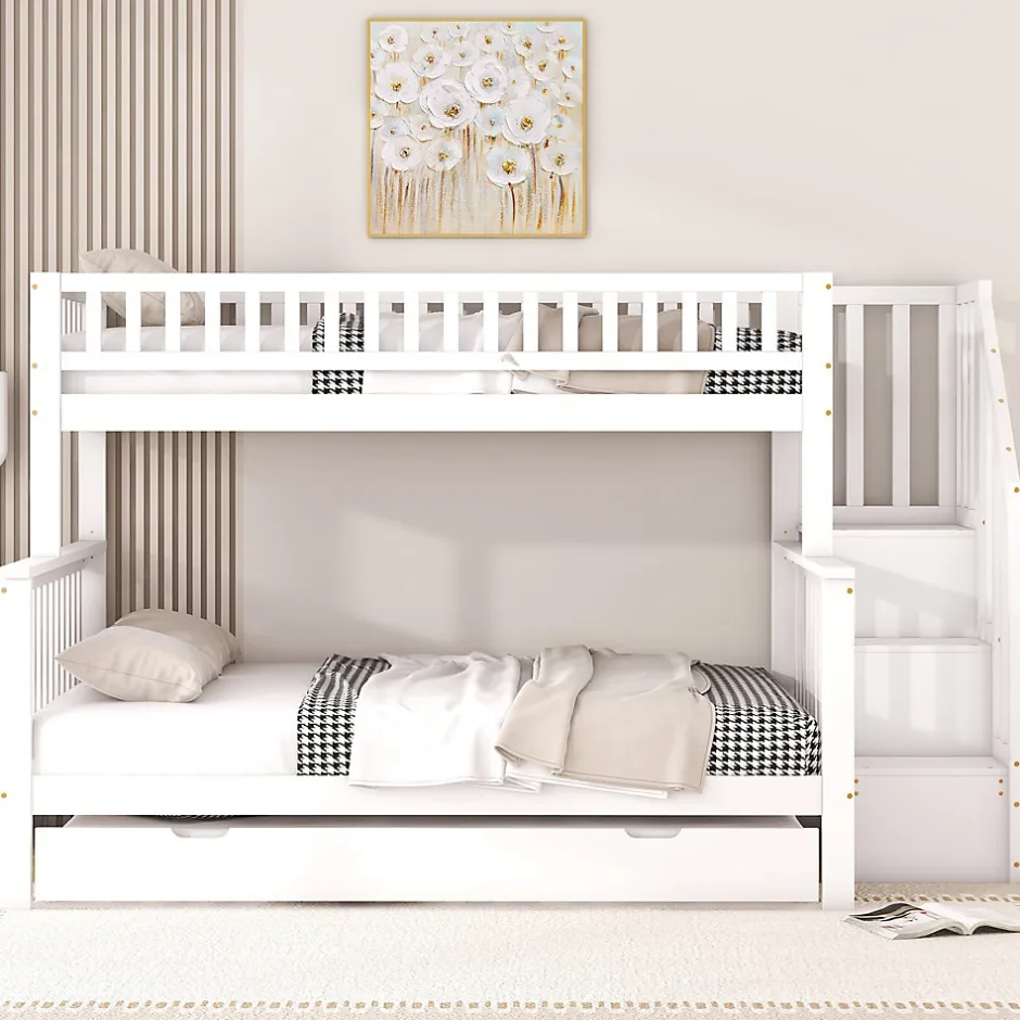 Enfant Redom Lit superposé 90x200 / 140x200 cm avec lit gigogne et sommier à lattes inclus en pin blanc