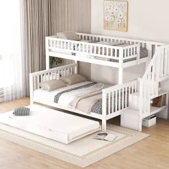 Enfant Redom Lit superposé 90x200 / 140x200 cm avec lit gigogne et sommier à lattes inclus en pin blanc