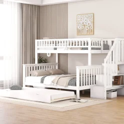 Enfant Redom Lit superposé 90x200 / 140x200 cm avec lit gigogne et sommier à lattes inclus en pin blanc