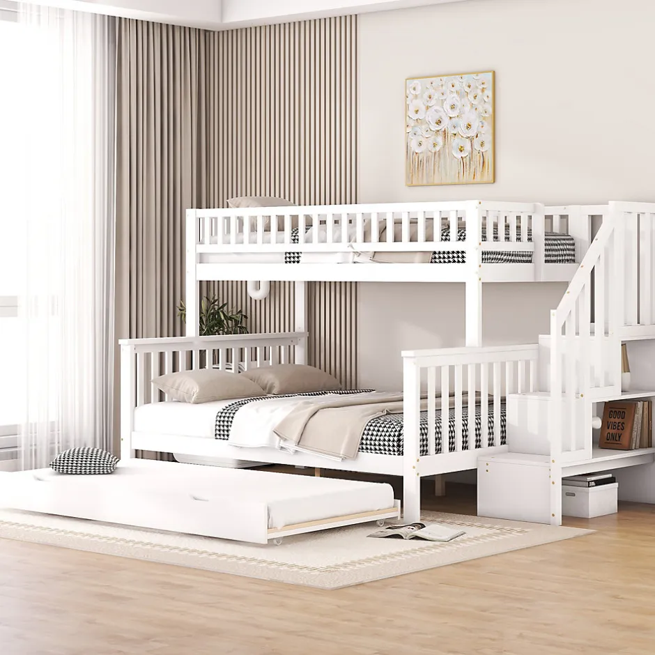 Enfant Redom Lit superposé 90x200 / 140x200 cm avec lit gigogne et sommier à lattes inclus en pin blanc