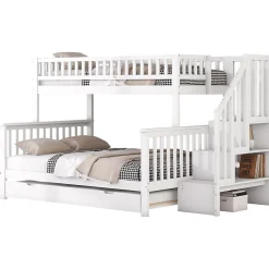 Enfant Redom Lit superposé 90x200 / 140x200 cm avec lit gigogne et sommier à lattes inclus en pin blanc