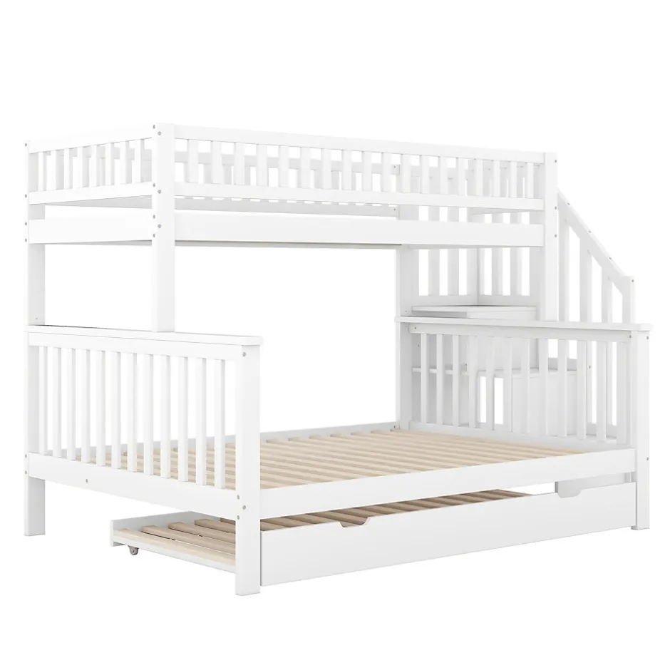 Enfant Redom Lit superposé 90x200 / 140x200 cm avec lit gigogne et sommier à lattes inclus en pin blanc