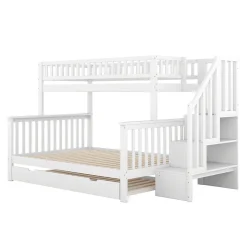 Enfant Redom Lit superposé 90x200 / 140x200 cm avec lit gigogne et sommier à lattes inclus en pin blanc