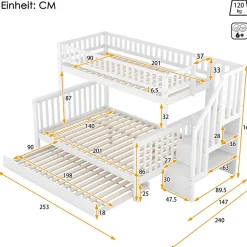 Enfant Redom Lit superposé 90x200 / 140x200 cm avec lit gigogne et sommier à lattes inclus en pin blanc
