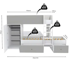 Enfant Bb Loisir Lit superposé 90x190 avec armoire et tiroirs TWEEL Gris et Blanc incl. 2 sommiers