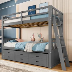 Enfant Okwish Lit Superposé 90x200 Cm - avec Lit Gigogne et 3 Tiroirs, Sans Matelas - Pin et MDF, Gris