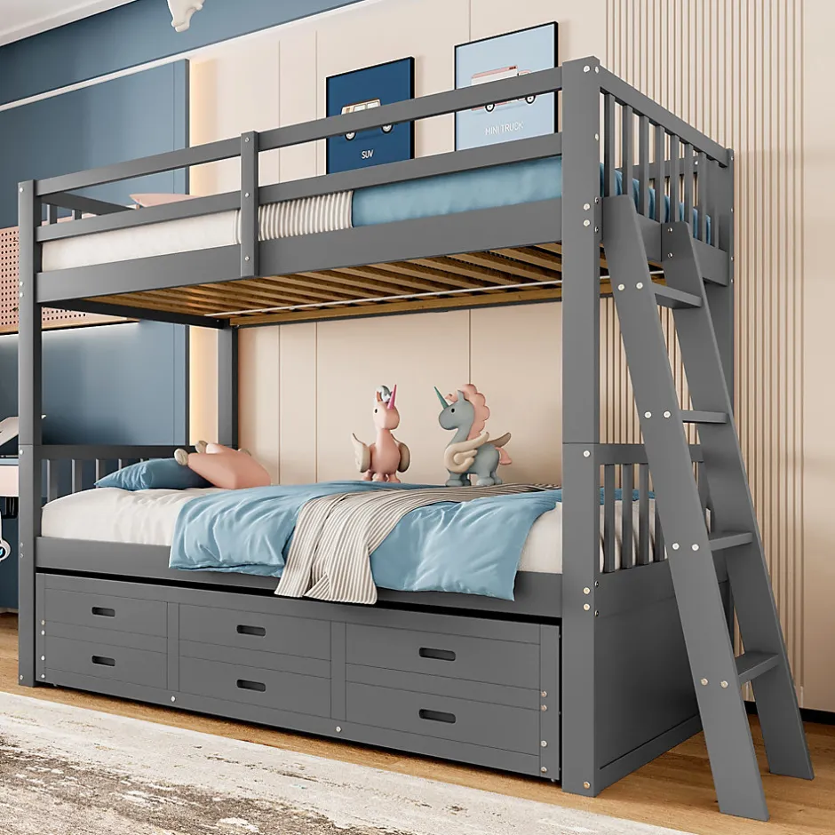 Enfant Okwish Lit Superposé 90x200 Cm - avec Lit Gigogne et 3 Tiroirs, Sans Matelas - Pin et MDF, Gris