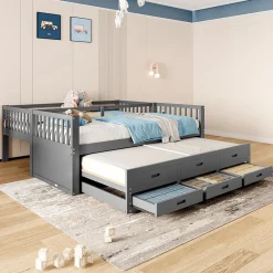 Enfant Okwish Lit Superposé 90x200 Cm - avec Lit Gigogne et 3 Tiroirs, Sans Matelas - Pin et MDF, Gris