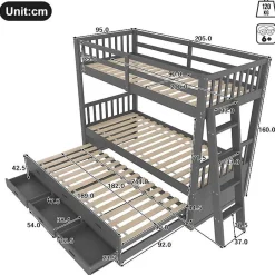 Enfant Okwish Lit Superposé 90x200 Cm - avec Lit Gigogne et 3 Tiroirs, Sans Matelas - Pin et MDF, Gris