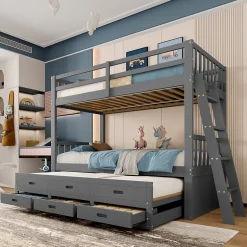 Enfant Okwish Lit Superposé 90x200 Cm - avec Lit Gigogne et 3 Tiroirs, Sans Matelas - Pin et MDF, Gris