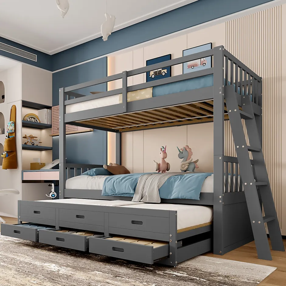 Enfant Okwish Lit Superposé 90x200 Cm - avec Lit Gigogne et 3 Tiroirs, Sans Matelas - Pin et MDF, Gris
