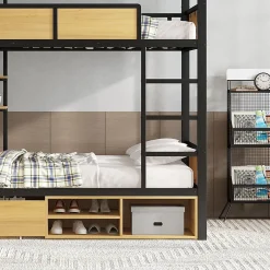 Okwish Lit superposé 90x200 cm - Lit avec échelle large et rangements latéraux - Métal + MDF - Sans matelas - Noir Discount