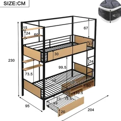 Okwish Lit superposé 90x200 cm - Lit avec échelle large et rangements latéraux - Métal + MDF - Sans matelas - Noir Discount