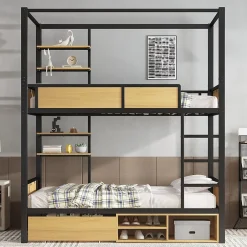 Okwish Lit superposé 90x200 cm - Lit avec échelle large et rangements latéraux - Métal + MDF - Sans matelas - Noir Discount