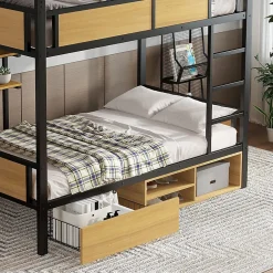 Okwish Lit superposé 90x200 cm - Lit avec échelle large et rangements latéraux - Métal + MDF - Sans matelas - Noir Discount